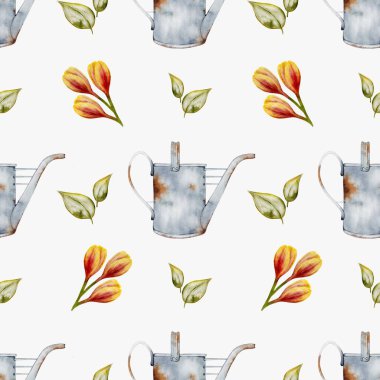 Retro watercolor design featuring watering cans and vibrant flowers, ideal for fabric and wrapping projects. clipart