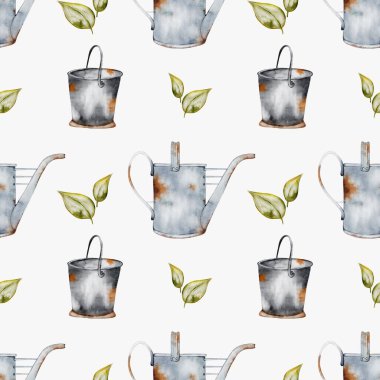 Eski bahçe araçları ve yaprakları içeren suluboya desen, kumaş ve ambalaj tasarımları için mükemmel.