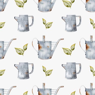 Suluboya desenleri, bahçe temalı tekstil için mükemmel yeşil yapraklarla eşleştirilmiş retro sulama kutuları sergiliyor..