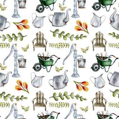 Canlı suluboya tasarımı bahçe araçları, bitkiler ve oturma, sarma ve kumaş projeleri için mükemmel.