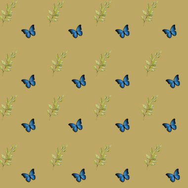 Renkli kelebekler ve yumuşak yapraklar çok yönlü, sıcak renkli bir kumaş tasarımı oluşturur..