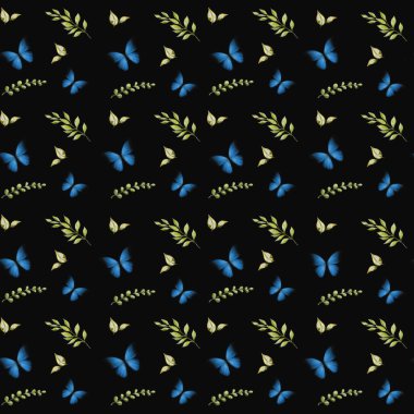 Vivid butterflies and green leaves create a seamless pattern on a dark background, ideal for fabric and packaging. clipart