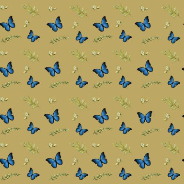 Bu tekstil, altın bir arka planda mavi kelebeklerin ve narin çiçeklerin canlı bir tasarımını içeriyor..