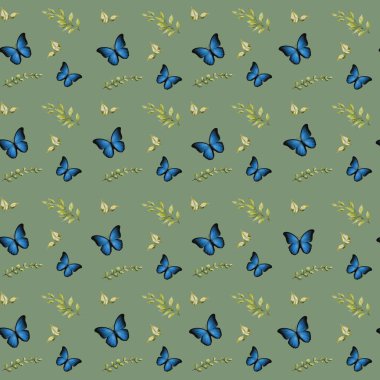 Bu eşsiz kumaş canlı mavi kelebekleri narin yeşillikler arasında barındırır, yaratıcı ambalaj ve dekorasyon için idealdir..