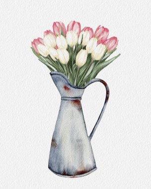 Bir buket pembe ve beyaz lale kırsal bir metal sürahide düzenlenir ve büyüleyici bir dekorasyon yaratır..