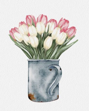 Pembe ve beyaz laleler yıpranmış metal bardaklarda sergilenir. Her odaya neşe katar..