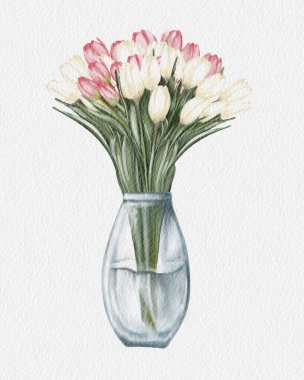 Pembe ve beyaz lalelerden oluşan taze bir buket şeffaf bir vazoyu doldurur ve masanın üstüne canlılık katar..