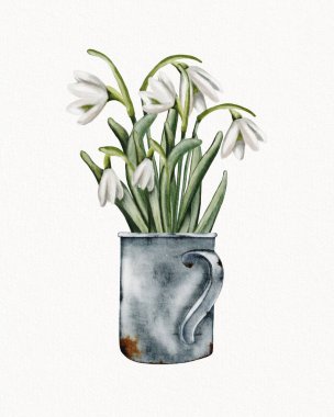 Bir buket beyaz çiçek, yumuşak, nötr bir zemine dayanan metal bir fincanda zarifçe duruyor..