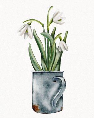 Delicate white flowers bloom in an aged metal mug, adding a touch of elegance to a simple background. clipart