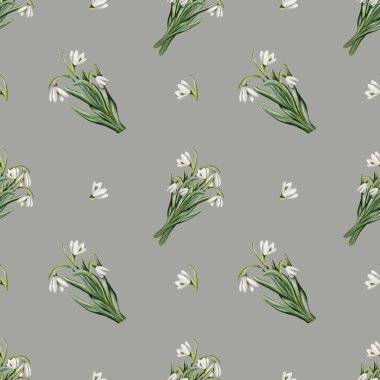 Bu pürüzsüz desen yumuşak gri arkaplan üzerinde narin kar damlası çiçekleri barındırır, tekstil uygulamaları için idealdir.