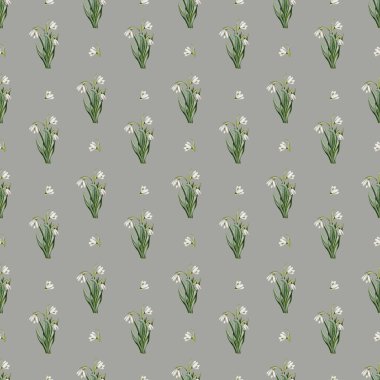 Kumaş ve ambalaj kağıdı için dizayn edilmiş kusursuz suluboya desenli narin kar damlası çiçekleri..