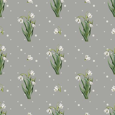 Yumuşak gri arkaplanda beyaz kar damlası çiçekleri tekstil ve ambalaj için ideal bir desen oluşturur.