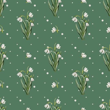 Bu pürüzsüz tasarım yumuşak yeşil bir zemin üzerinde narin kar damlası çiçeklerini içerir, kumaş veya ambalaj için mükemmeldir..
