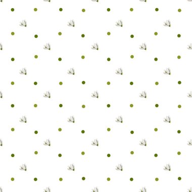 Küçük kar damlası çiçekleri ve beyaz arka planda yeşil noktalar içeren kusursuz kumaş tasarımı, paketleme için ideal.