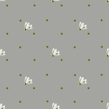 Hassas kar damlası çiçekleri ve yeşil noktalar kumaş ve hediye paketi için kusursuz düzenlenmiş..