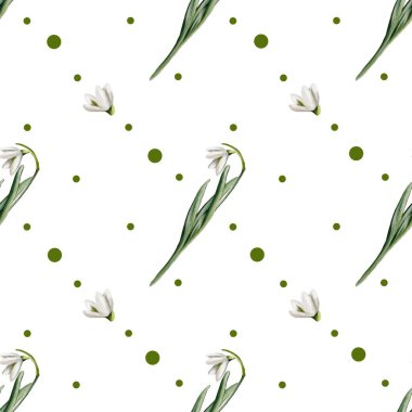 Narin kar damlası çiçekleri ve yeşil noktalar kağıt ve tekstil ambalajı için uygun kusursuz, zarif bir desen oluşturur..