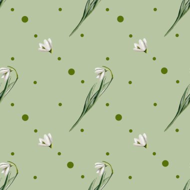 Hassas kar damlası çiçekleri ve noktalar kumaş, ambalaj kağıdı veya dekor projeleri için kusursuz bir desen oluşturur..