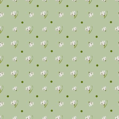 Yumuşak yeşil zemin üzerinde narin kar damlası çiçekleri zarif, pürüzsüz bir kumaş tasarımı oluşturur ambalaj için ideal.