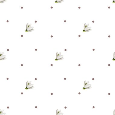 Bu pürüzsüz kar damlası deseninde yumuşak suluboya çiçekleri ve ince puantiyeler var. Kumaş ve ambalaj için mükemmel..