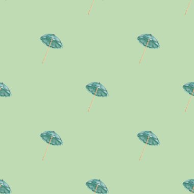 Bu kusursuz tasarım, kumaş için ideal yumuşak yeşil zemin üzerinde deniz mavisi plaj şemsiyeleri sergiliyor..