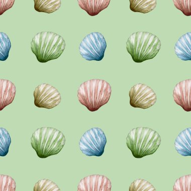 This seamless pattern shows hand-painted shells on a soft green background, perfect for wrapping or textiles. clipart