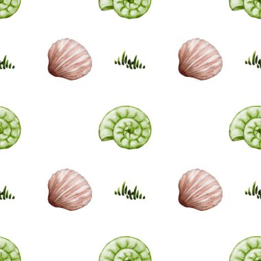 Bu tasarım, tekstil için mükemmel, beyaz bir zemin üzerinde tekrarlanan renkli deniz kabukları ve spiraller deseni içerir..