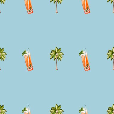 Yumuşak mavi arka planda kokteylleri ve palmiyeleri olan canlı bir tropikal tasarım, kumaş veya ambalaj için ideal..