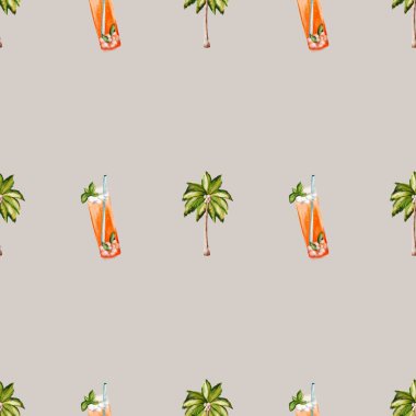 Canlı desenler tropikal içecekler ve palmiye ağaçları gösteriyor. Kumaş baskıları veya ambalaj kullanımı için mükemmel..