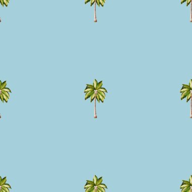 Yumuşak mavi bir zemin üzerinde palmiye ağaçları olan kusursuz bir tasarım. Kumaş ve ambalaj için ideal..