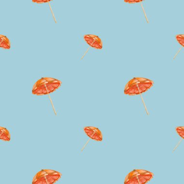 Parlak suluboya tasarımı, kumaş ve ambalaj için ideal mavi arkaplan karşısında plaj şemsiyelerinden oluşan bir desen içerir..