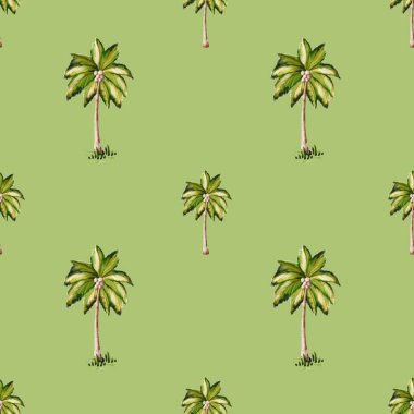 Renkli palmiye ağaçları canlı yeşil bir arka planda, kumaş tasarımları için ideal, pürüzsüz bir desen içinde düzenlenmiştir..
