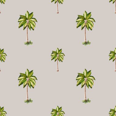 Bu pürüzsüz tasarım, yumuşak bir arkaplanda tekrarlanan desenler halinde düzenlenmiş canlı suluboya palmiye ağaçlarını içerir..