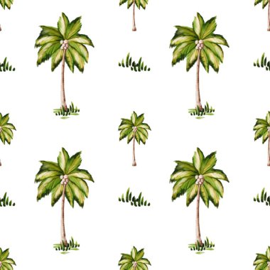 Bu pürüzsüz desen beyaz arka planda canlı palmiye ağaçları içerir. Kumaş ve ambalaj tasarımları için mükemmeldir..