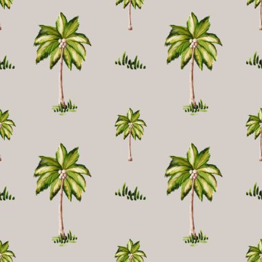 Renkli suluboya palmiye ağaçları tekstil, ambalaj kağıdı ve tasarım projeleri için kusursuz bir desen oluşturur.