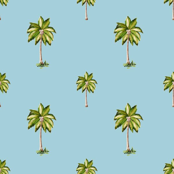 This vibrant palm tree pattern on a soft blue backdrop is perfect for fabric and wrapping paper.