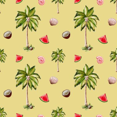 Canlı tasarım, palmiye ağaçları, tropikal meyveler ve tekstil için ideal, dikişsiz suluboya desenli kabuklar içerir..
