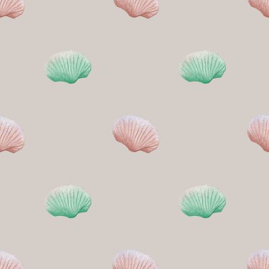 Delicate watercolor shells in soft hues create an elegant and seamless textile design suitable for various applications. clipart