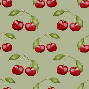 Bu güzel kiraz deseninde kırmızı kiraz ve yeşil yapraklar var. Kağıt ve kumaş tasarımları için ideal..