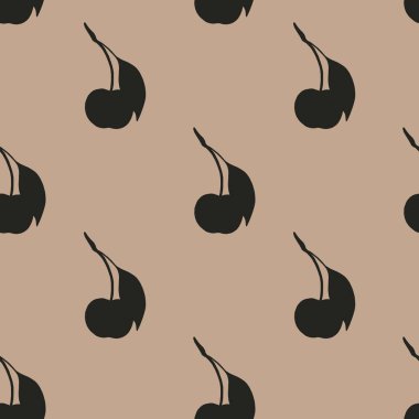 Yumuşak bir bej arka planda siyah siluetler içeren hassas bir kiraz deseni, kumaş ve ambalaj için ideal..