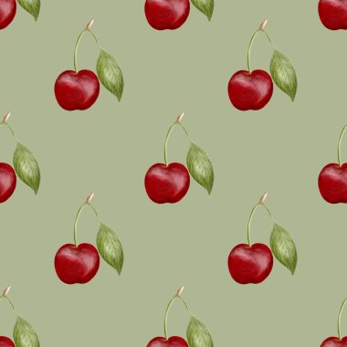 Kusursuz kiraz deseni yumuşak bir zemin üzerinde yeşil yapraklı canlı kırmızı kirazlar içerir, kumaş için idealdir..