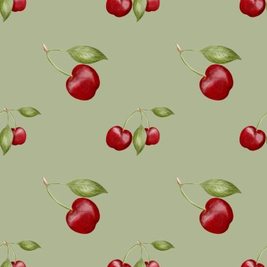 Açık yeşil bir zemin üzerinde dikişsiz kirazsız suluboya deseni, kumaş ve ambalaj tasarımı için mükemmel..