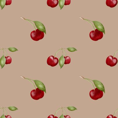 Bu kiraz deseninde kırmızı meyveler ve yeşil yapraklar var. Sıcak bej bir zemin üzerinde. Sargı ve tekstil için mükemmel..