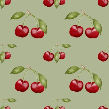 Bu hoş, dikişsiz kiraz deseni yumuşak bir zemin üzerinde canlı kırmızı kirazlar ve yemyeşil yapraklar barındırır..