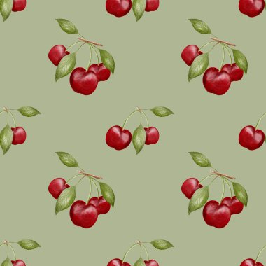 Yeşil yapraklarla süslenmiş parlak kirazlar kumaşlar ve ambalaj projeleri için mükemmel neşeli bir şablon oluşturur..