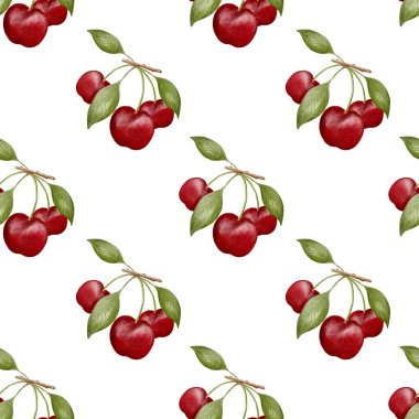 Canlı kiraz tasarımı kumaş için uygun yinelenen bir desen içinde lezzetli kırmızı meyve ve yeşil yapraklar içerir..