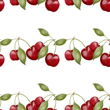 Canlı kırmızı meyveler ve yeşil yapraklar içeren hassas kiraz desenli kumaş veya kağıt tasarımları için mükemmel..