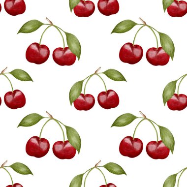 Büyüleyici suluboya tasarımı vişne ve yaprakları tekstil ve ambalaj için pürüzsüz beyaz bir zemin üzerinde barındırır.