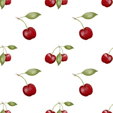 Yumuşak kiraz suluboya tasarımı canlı meyve ve yapraklar içerir, kumaş veya ambalaj uygulamaları için ideal.