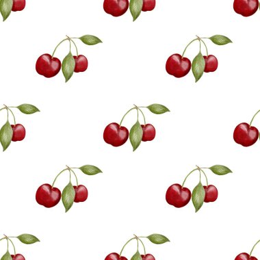 Yeşil yapraklı kırmızı kirazlar kumaş ve ambalaj kullanımı için ideal, pürüzsüz bir suluboya deseni oluşturur.