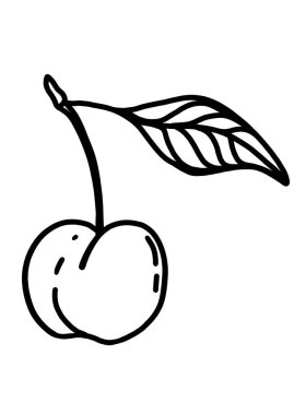 Yuvarlak şeklini ve doğal güzelliğini sergileyen, tek bir yaprağın olduğu minimalist bir kiraz illüstrasyonu..